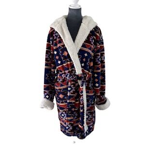 Alexander Del Rossa Cozy Tribal Boho Aztec Fleece Sherpa Hooded Robe Navy  S/M